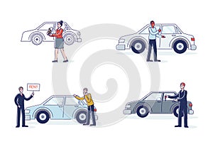 Car rent clients. Set of cartoon characters taking cars for rent and dealers selling new vehicles