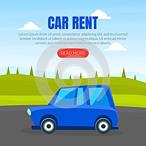 Car Rent Landing Page Template, Car on Background of City Landscape, Rent Service Advertising Web Page, App Vector