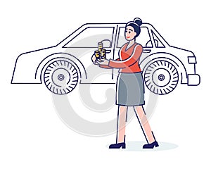 Car rent service or buying. Business woman with golden coins standing at car