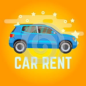 Car rent vector illustration. Blue suv on yellow background