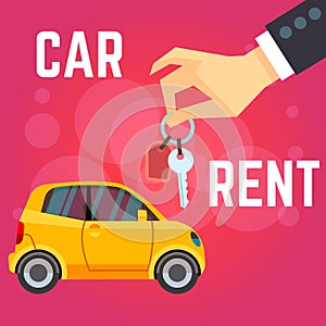 Car rent vector illustration. Flat-style yellow car, hand holding keys. Flat style on red background