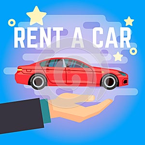 Car rent vector illustration. Hand with flat-style red car on blue background