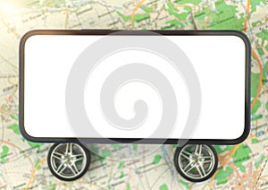 Car rental, carsharing and texi services mobile app, mobile phone mockup blank white screen, background of city map