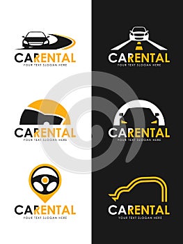 Car Rental logo sign whit black and yellow car , road and steering wheel sign vector set design