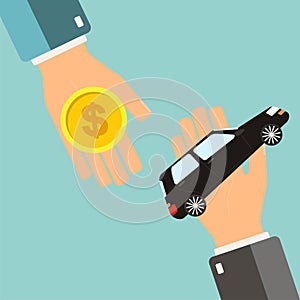 Car rental or sale concept. Hand holding car, another hand holding money. Vector illustration.