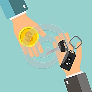 Car rental or sale concept. Hand holding car key, another hand h