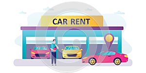 Car rental service. Garage building with modern autos. Handsome salesman or dealer at work. Car sharing or rent. Horizontal banner