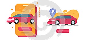 Car rental service mobile app vector graphic illustration flat cartoon, taxi vehicle ride reserve booking, auto transport sharing