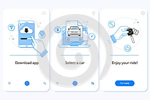 Car rental service onboarding mobile app page screen with linear concepts.Automobile leasing. Carpooling steps graphic