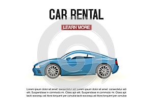 Car rental vector illustration. Modern blue automobile in trendy style with typography for posters, advertisement, web