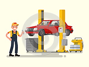 Car repair. Auto mechanic near the car lifted on autolifts. Vector illustration
