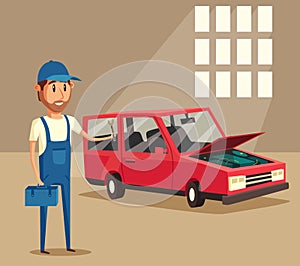 Car repair. Funny mechanic. Vector cartoon illustration