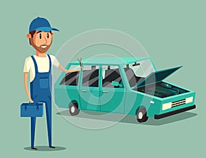 Car repair. Funny mechanic. Vector cartoon illustration