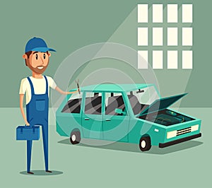 Car repair. Funny mechanic. Vector cartoon illustration