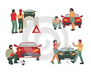 Car repair and insurance, roadside assistance or towing service set with people