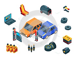 Car repair. Isometric car parts vector concept. Autos, tires, door, gas tank, battery and mechanics