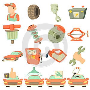 Car repair items icons set, cartoon style