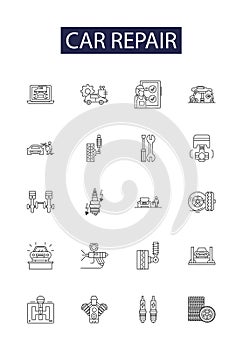 Car repair line vector icons and signs. Towing, Auto, Service, Parts, Diagnosis, Alignment, Brakes, Mechanics outline