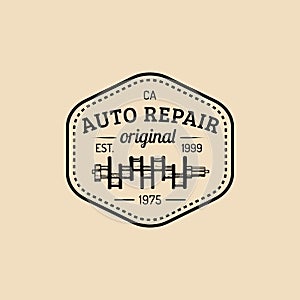 Car repair logo with crankshaft illustration. Vector vintage hand drawn garage,auto service advertising poster,card etc.
