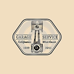 Car repair logo with plunger, piston illustration. Vector vintage hand drawn garage, auto service ad poster, card etc.