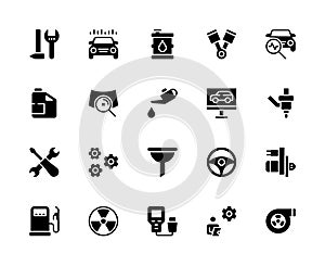 Car repair and maintenance vector silhouette icons set. Isolated icon collection Service station on white background. Car service