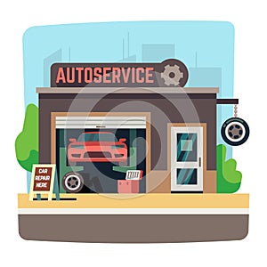 Car repair mechanic shop with automobile inside auto garage vector illustration