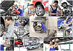 Car repair - mechanic in a workshop - car wash - collage with di