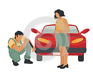 Car repair, roadside assistance or towing service concept with repairman changing wheel.