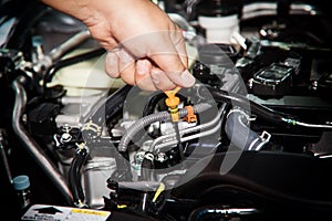 Car repair service, Auto mechanic checking oil level in a engine