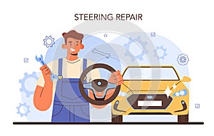 Car repair service. Automobile components got fixed in car workshop