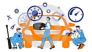 Car repair service banner with auto mechanics characters, cartoon vector isolated.