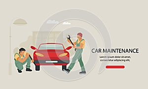 Car repair service and maintenance website with repairman vector illustration.