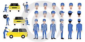 Car repair and service. Mechanic repairs and diagnostics car of auto service cartoon character head set and animation vector