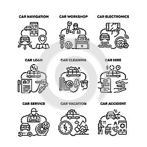 Car Repair Service Set Icons Vector Black Illustration