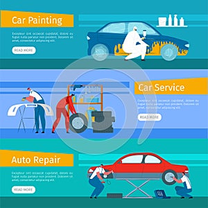 Car repair service, vector illustration. Man character work at cartoon garage, auto mechanic concept set. Automotive