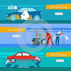 Car repair service, vector illustration. Man character work at cartoon garage, auto mechanic concept set. Automotive