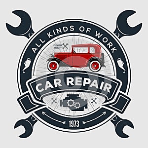 Car repair service, vintage Logo design concept with classic retro car. Vector illustration