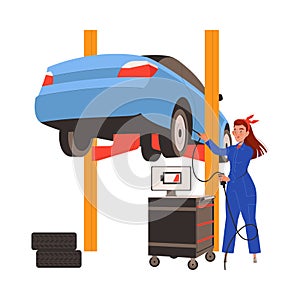 Car Repair Service with Woman Mechanic Pumping Up Tire with Lifted Auto Vector Illustration