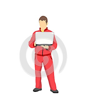 Car Repair Service Worker in Sportwear with Laptop