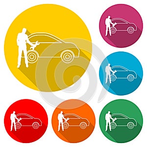 Car Repair Service Workshop Mechanic icon or logo, color set with long shadow
