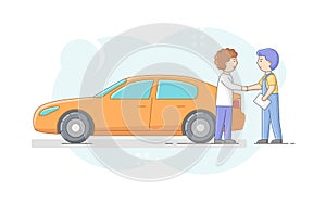 Car Repair Shop Concept. Cheerful Mechanic In Uniform And Satisfied Car Owner Are Shaking Hands. Repairman Presents Made