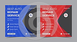 car repair social media post. automotive square flyer. auto repair engine oil change social media post and flyer template