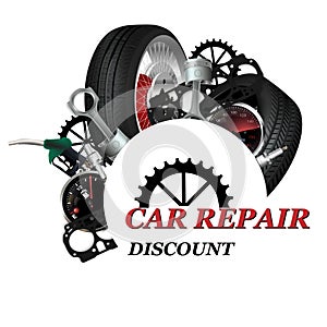 Car repair. Symbolic logo, flyer, label for a car repair and service workshop. Vector 3D.