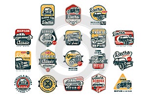 Car repair vintage style labels set, auto service logo, badge vector Illustrations on a white background