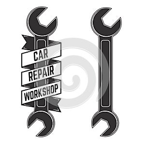 Car repair workshop. Emblem template with car wrench in engraving style. Design element for logo, label, emblem, sign