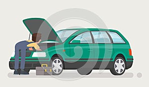 Car repairs. Auto mechanic opened the hood and repaired the car. Vector illustration