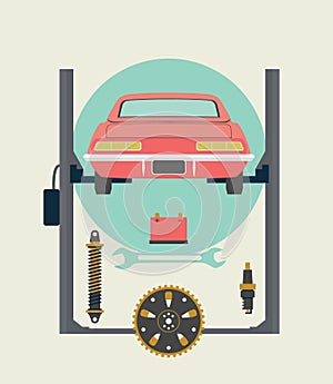 Car Repairs in the Service Station on the Lift. Vector Illustration