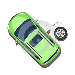 Car, replacement of wheels, repair work. Top view. Vector illustration flat style isolated on white background