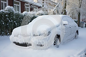 A car at rest in a snowy cocoon, a hibernation of wheels under a soft quilt of snow, encapsulating the quietude of