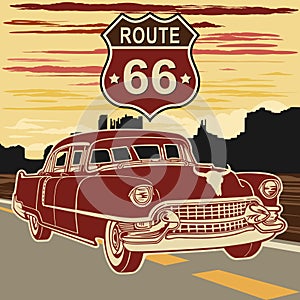 Car Retro Vintage Vehicle on U.S. Route 66 Vector Illustration